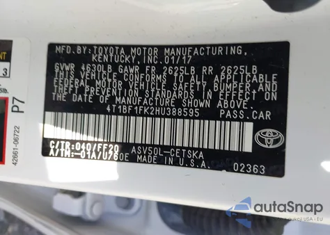 2017 Toyota Camry Se из США, поврежденный, VIN 4T1BF1FK2HU388595